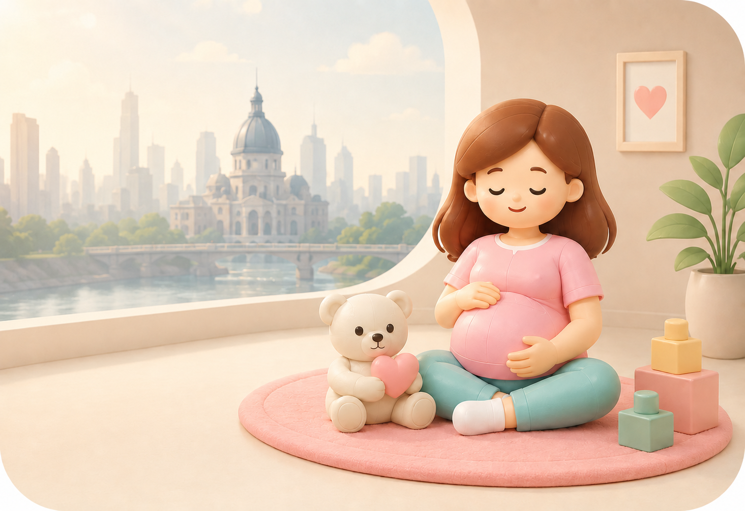 Illustration d’une future maman sereine dans un salon lumineux, avec vue sur Montréal