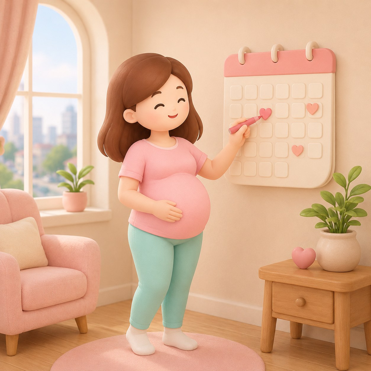 Future maman marquant une date sur un calendrier pastel