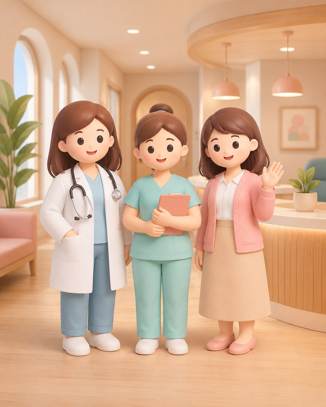 Illustration d’une équipe de clinique accueillante: médecin, infirmière et coordonnatrice