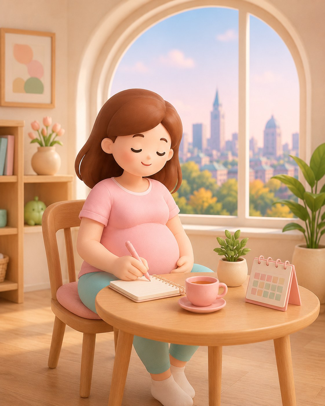Future maman préparant ses questions de rendez-vous prénatal, carnet et thé à la main