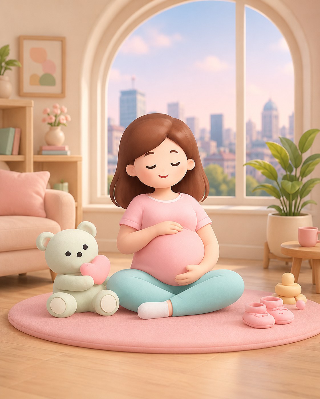 Future maman sereine assise dans un salon lumineux avec vue sur la ville